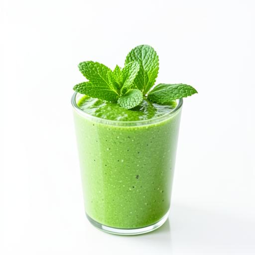 Green smoothie in a glass topped with fresh mint